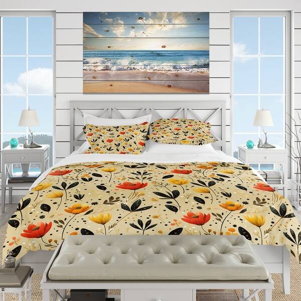 Designart "Sunset Ladybug Flowers I" Yellow Floral Bed Cover Set With 2